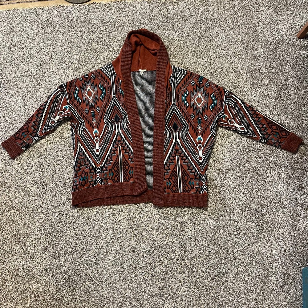 Ecote Hooded Open Front Geometric Tribal Pattern Knit Cardigan Sweater Women's M